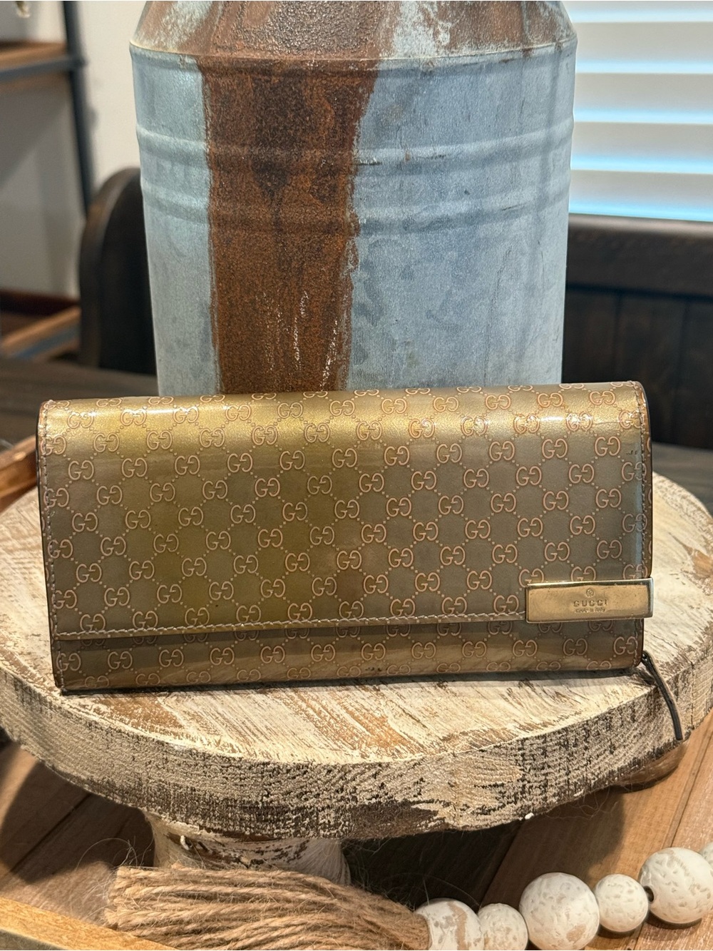 Gucci patent leather Continental Wallet with Plaque